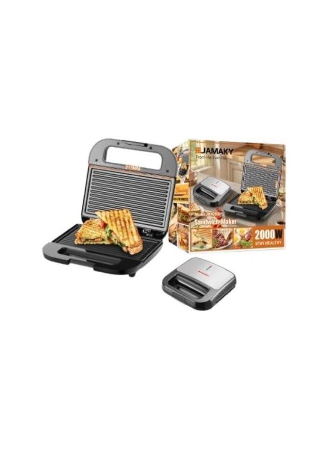 Jamaki Sandwich Maker, 2000 Watt, Non-stick Aluminum Plates, Heat-insulated Stainless Steel Cover, Automatic Temperature Control, Model JMK2030
